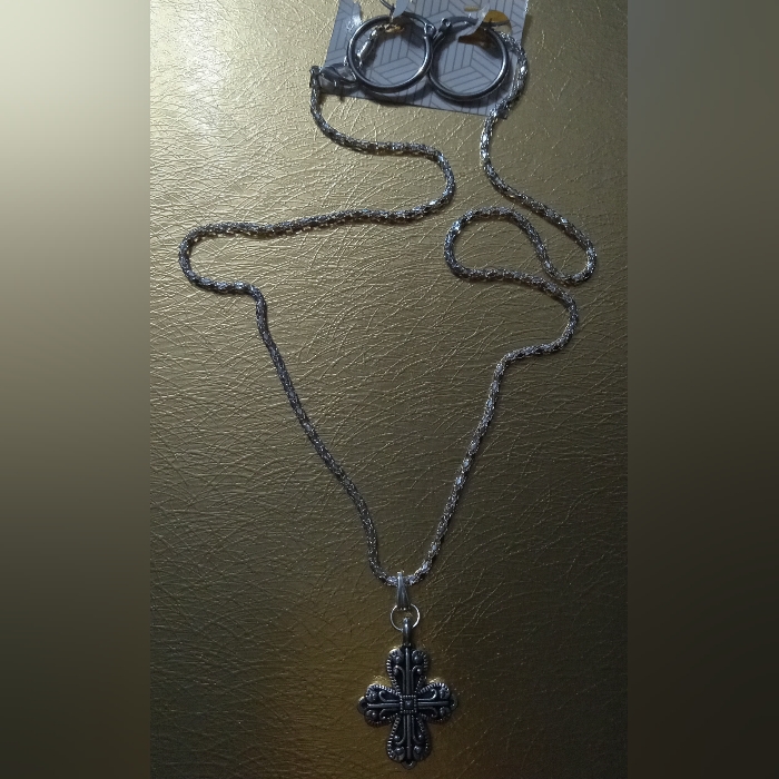 Elegant Silver Braided Necklace With Cross Pendant & Earrings Set Design By Me.